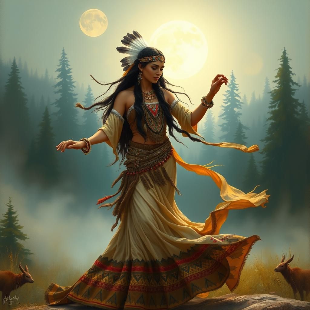 Native American Princess Dancing Under Moonlight