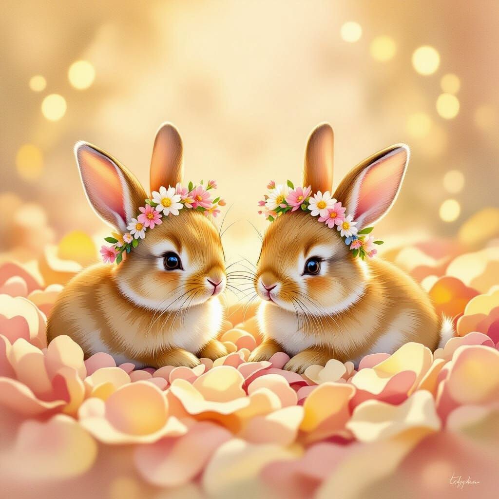 Whimsical Bunnies in Rose Petal Bed, Watercolor Style