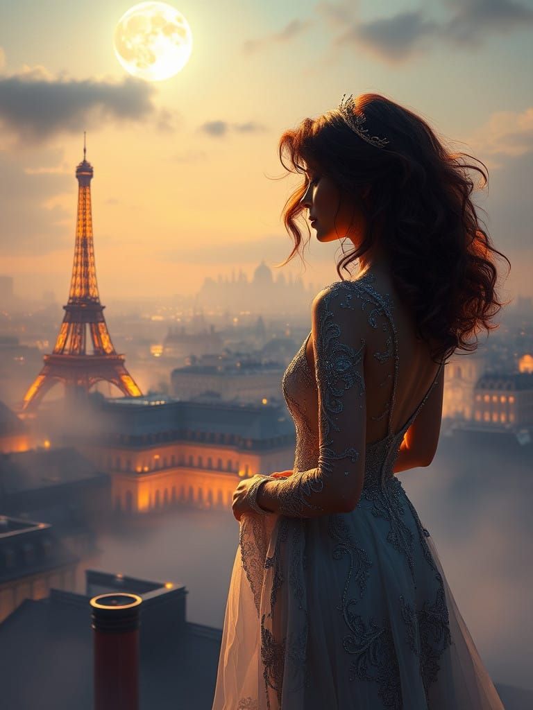 Ethereal Parisian Siren in Glowing Cityscape