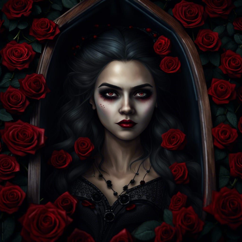 Vampire Queen Portrait in Coffin with Roses