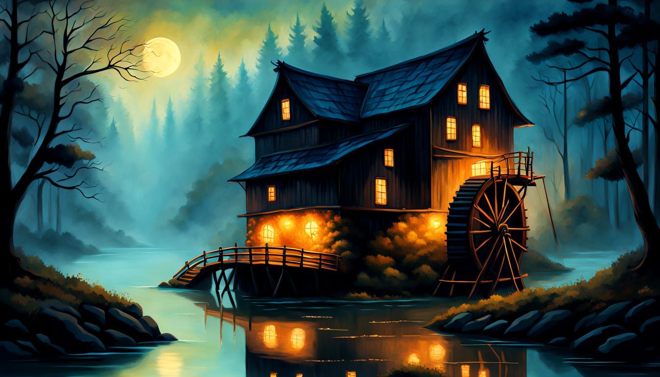 Ethereal Waterwheel Amidst Bioluminescent River