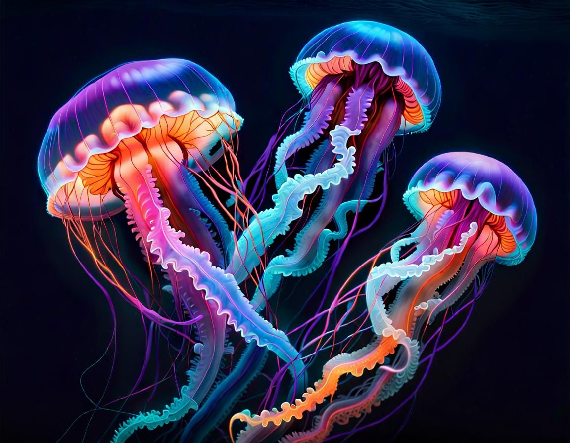 Bioluminescent Jellyfish in Deep Sea: Hyperrealistic Neon Ar...