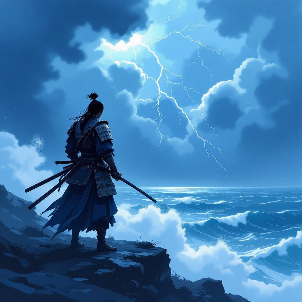 Samurai Warrior on Stormy Cliff Overlooking Turbulent Sea