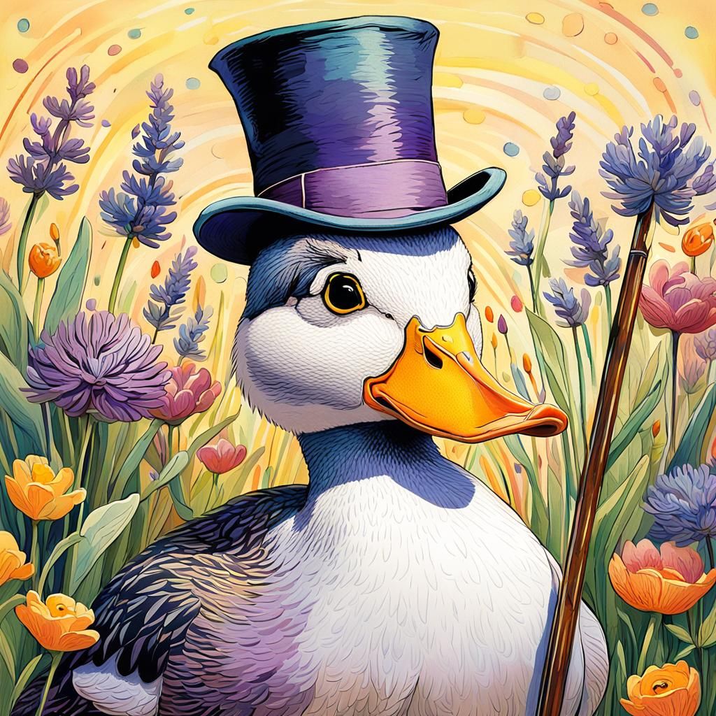 Duck with Top Hat in Whimsical Garden