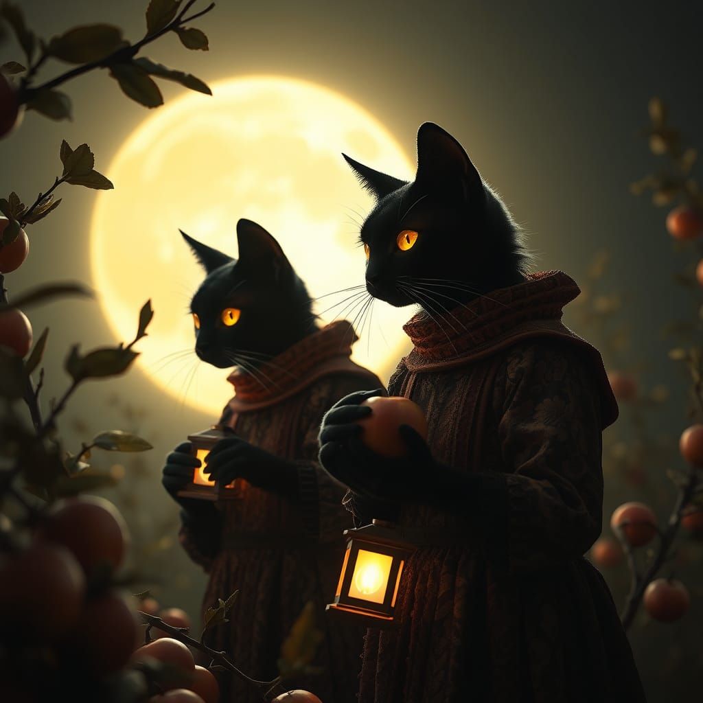 Halloween Cats Apple Picking Under Moonlight