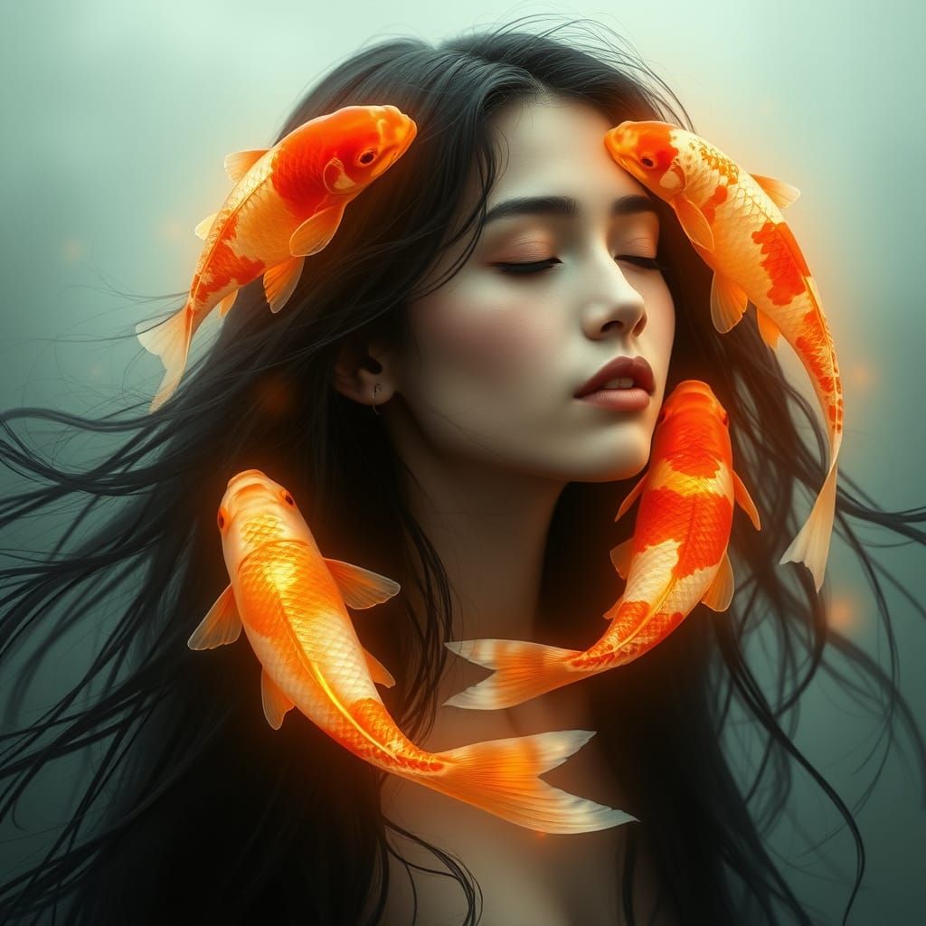 Serene Young Woman with Luminous Koi in Dreamlike Dance