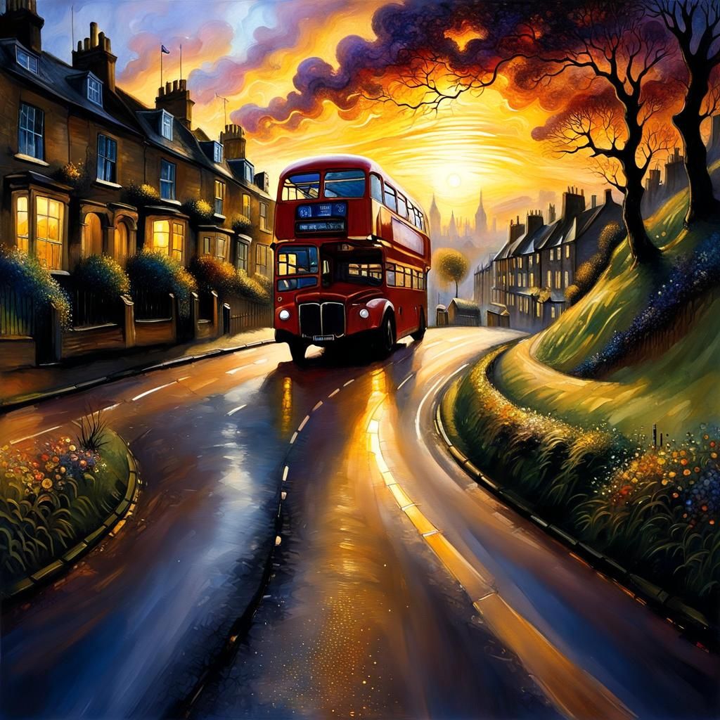 London Bus in Golden Hour: Kinkade Style