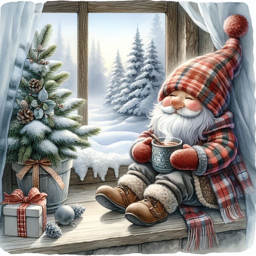 Watercolor Gnome Enjoying Winter Cocoa