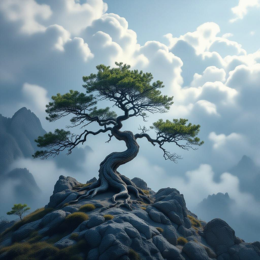 Ancient Tree on Mountain Peak Under Dramatic Sky