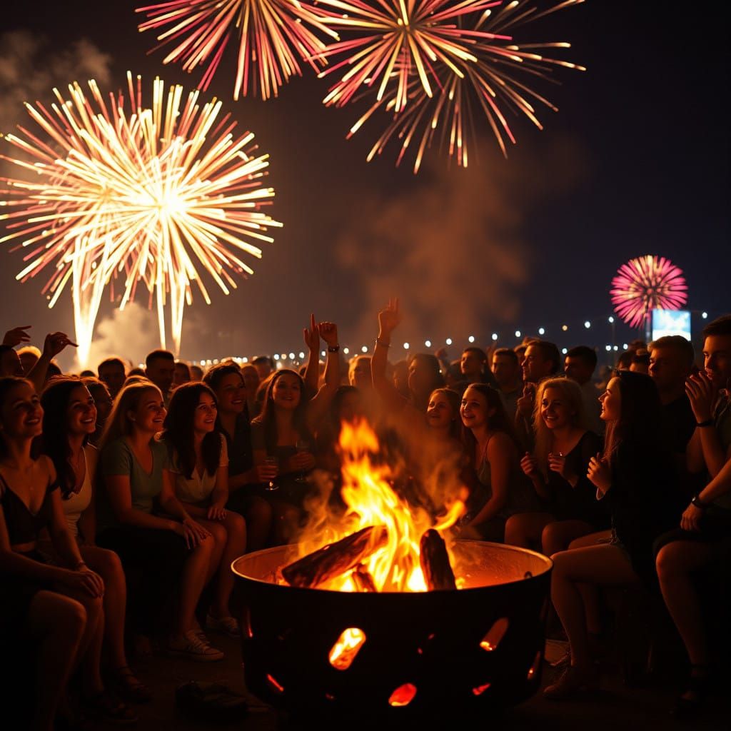 Revelers Gather Around a Fiery Fire Pit on a Midnight Street