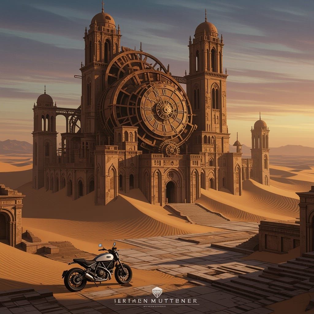 Ancient Clockwork City in Desert Twilight