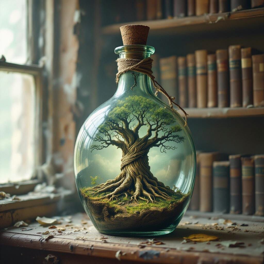 Imagine a colossal, ancient tree growing inside a glass bottle.