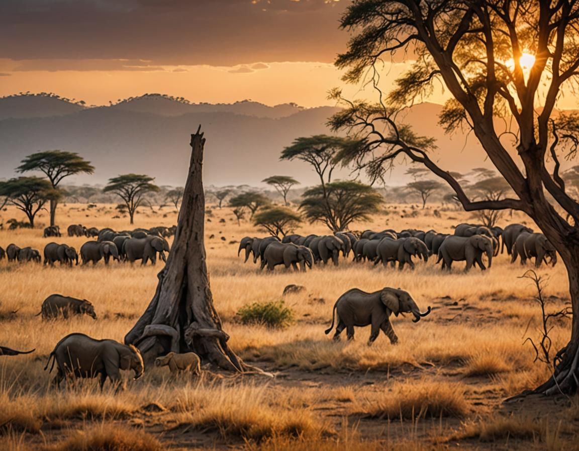 African Savannah: Lions and Elephants in Golden Light