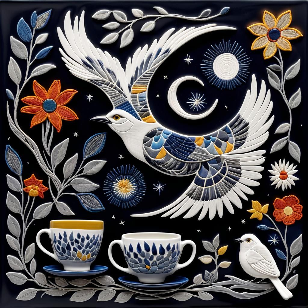 Embroidered Bird with Flowers in Van Gogh Style