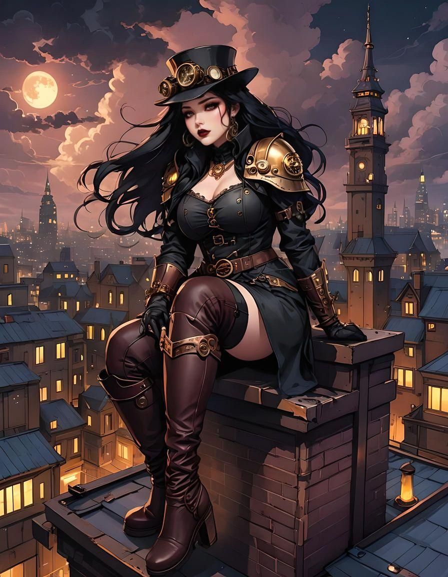 Steampunk Woman on Rooftop at Night