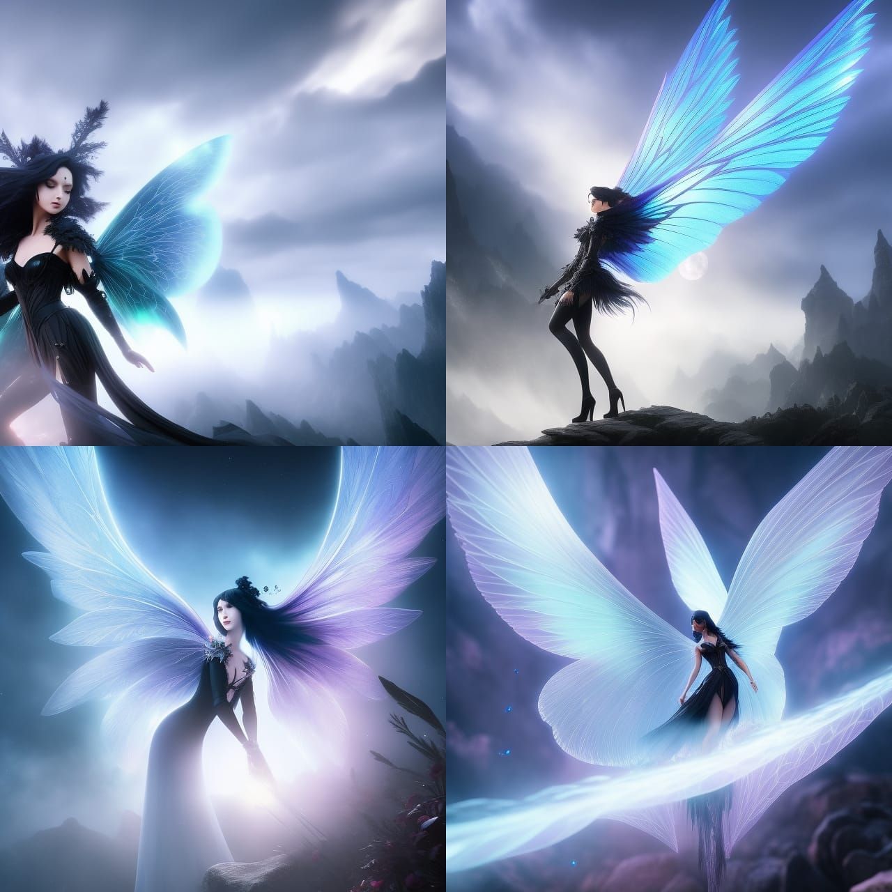 Gothic Crystal Fairy with Black Wings in Anime Style