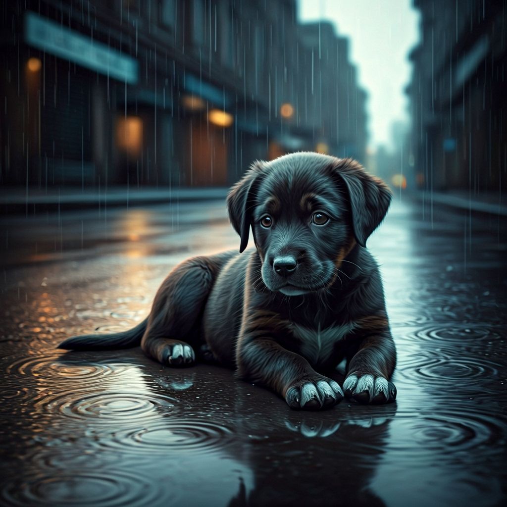 Sad Puppy in Rain on Empty Road