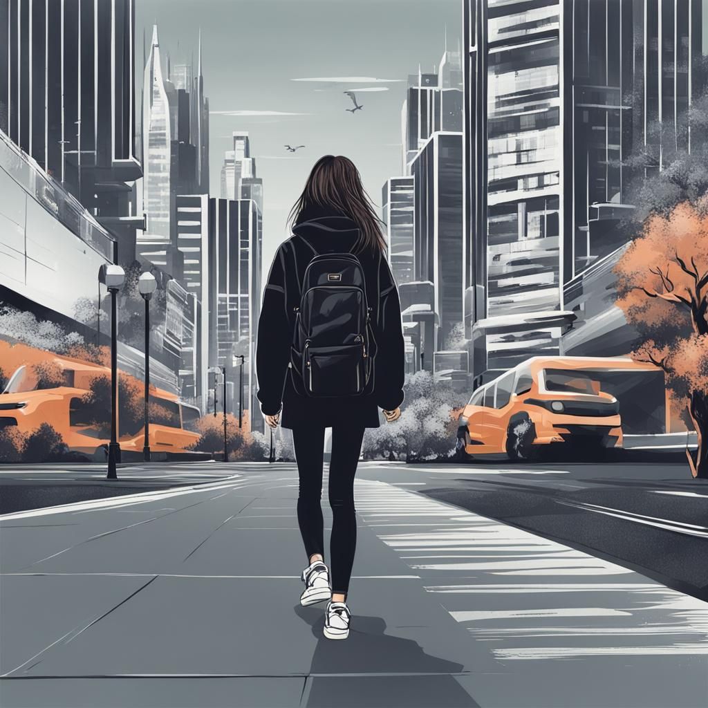 Futuristic Girl Walking Alone in City