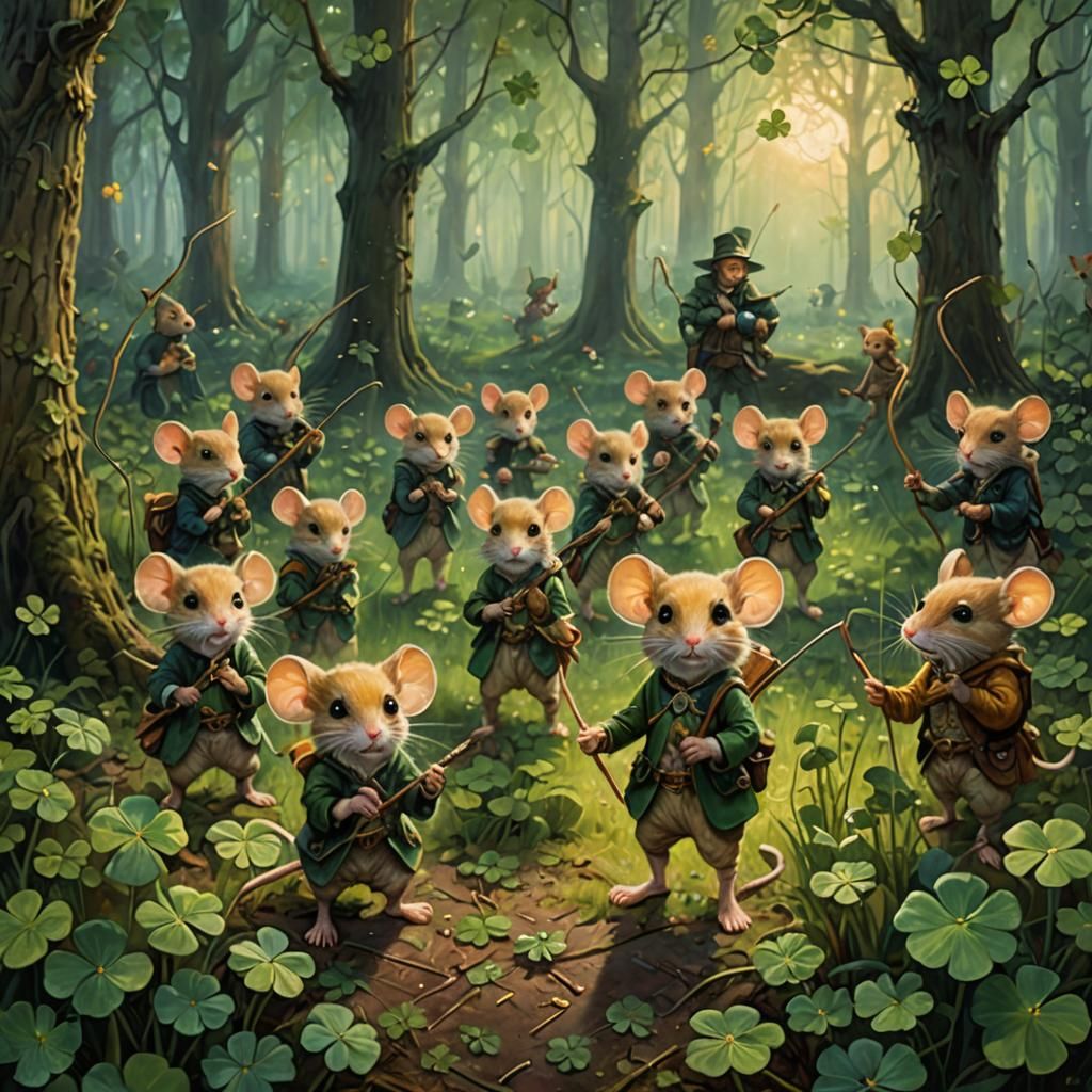 Mouse Archers in Mystical Forest, Pre-Raphaelite Style