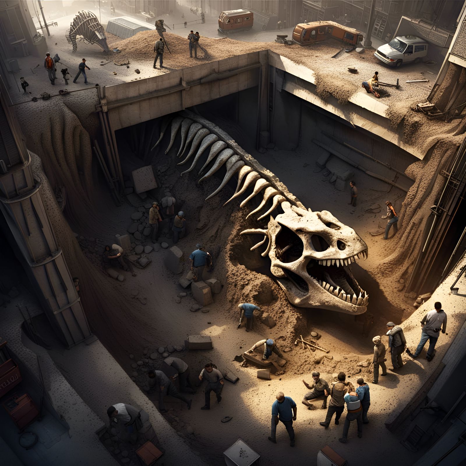 Apocalyptic Dinosaur Skeleton Excavation: Detailed Matte Pai...