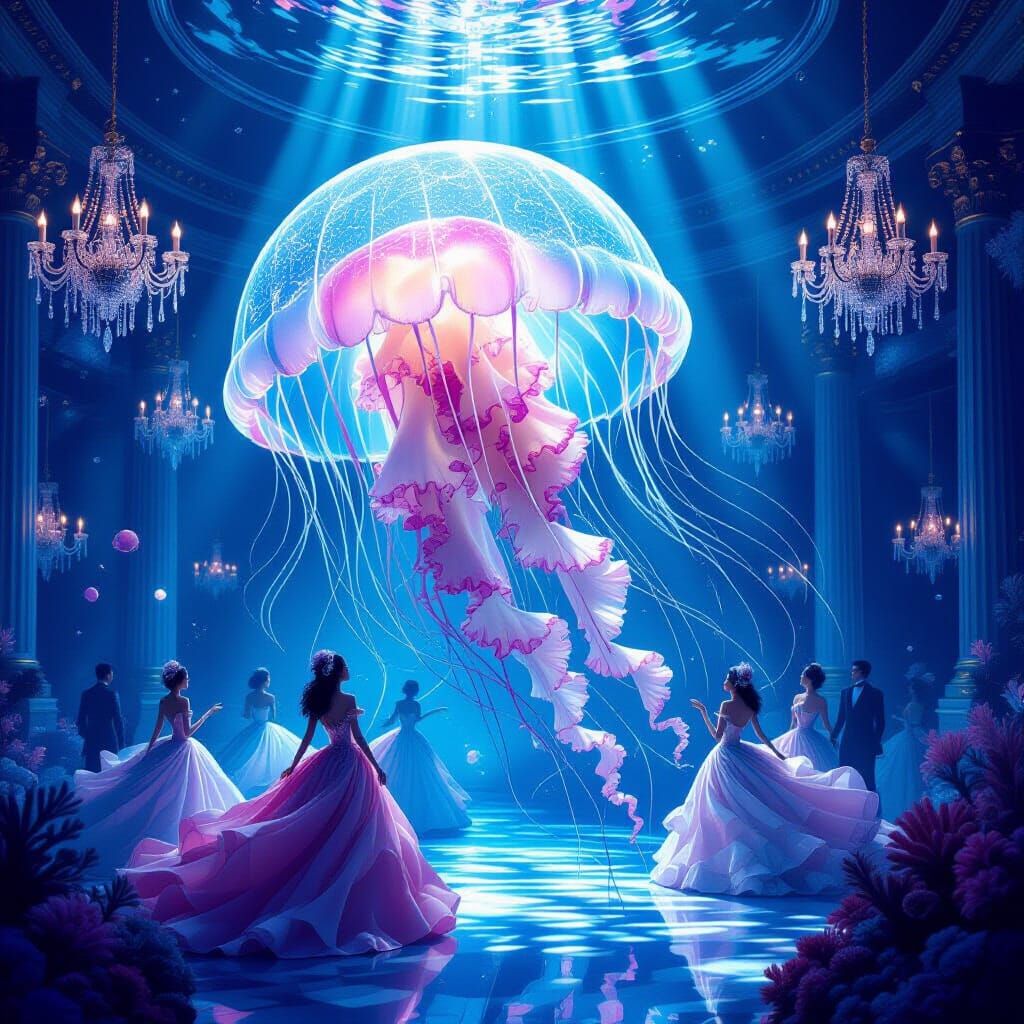 Bioluminescent Jellyfish in Underwater Ballroom