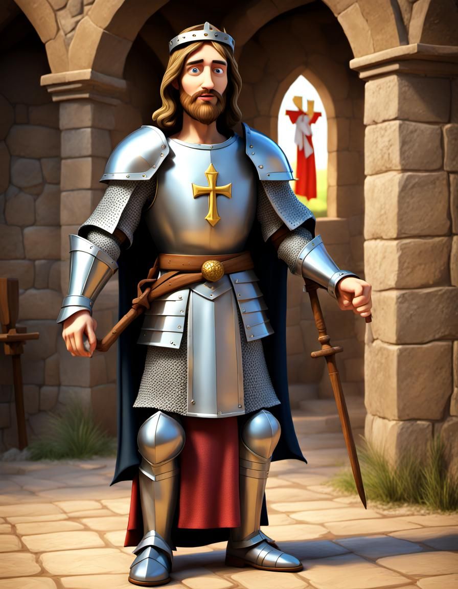 Cartoon Jesus Christ as Medieval Knight in CGI