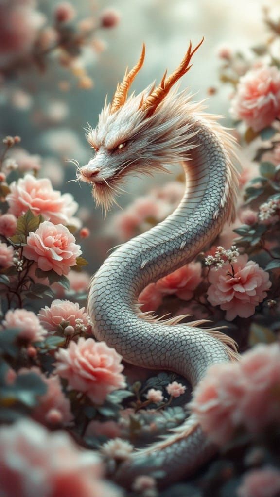 Chinese Dragon Surrounded by Flowers in Cinematic Style
