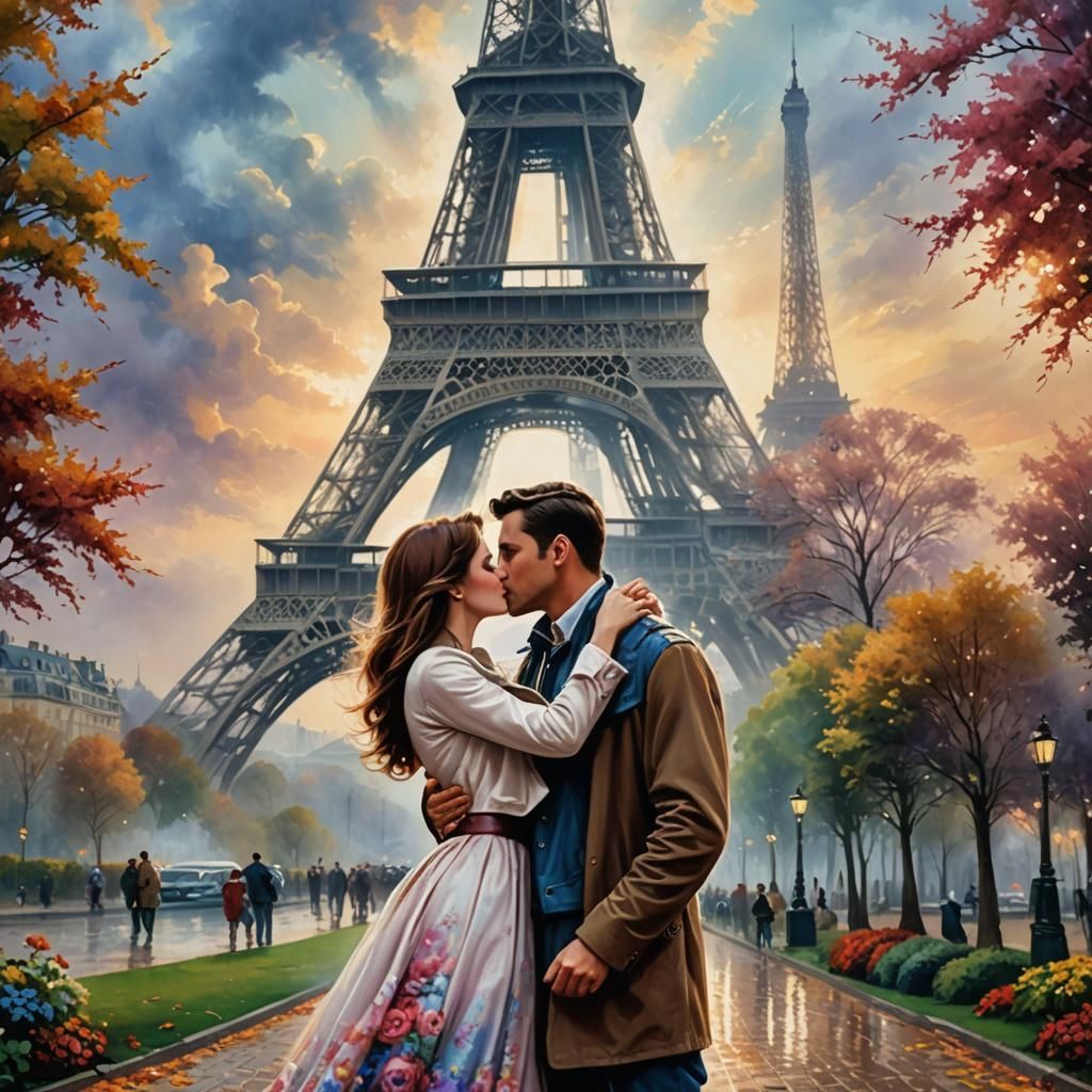 Kiss in Front of Eiffel Tower: Watercolor Impressionism