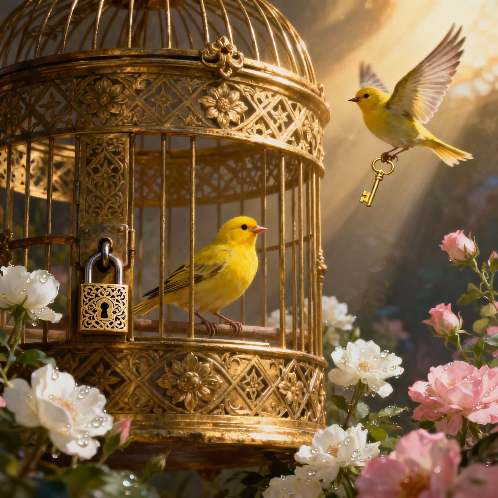 Yellow Canary Trapped in Golden Cage with Rescuer Bird