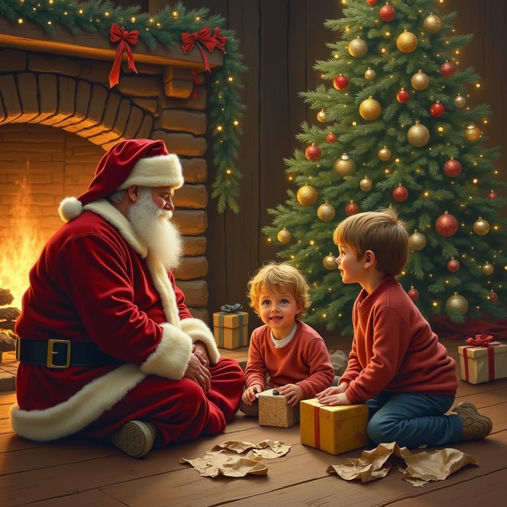 Cozy Christmas Cabin Scene with Santa and Family