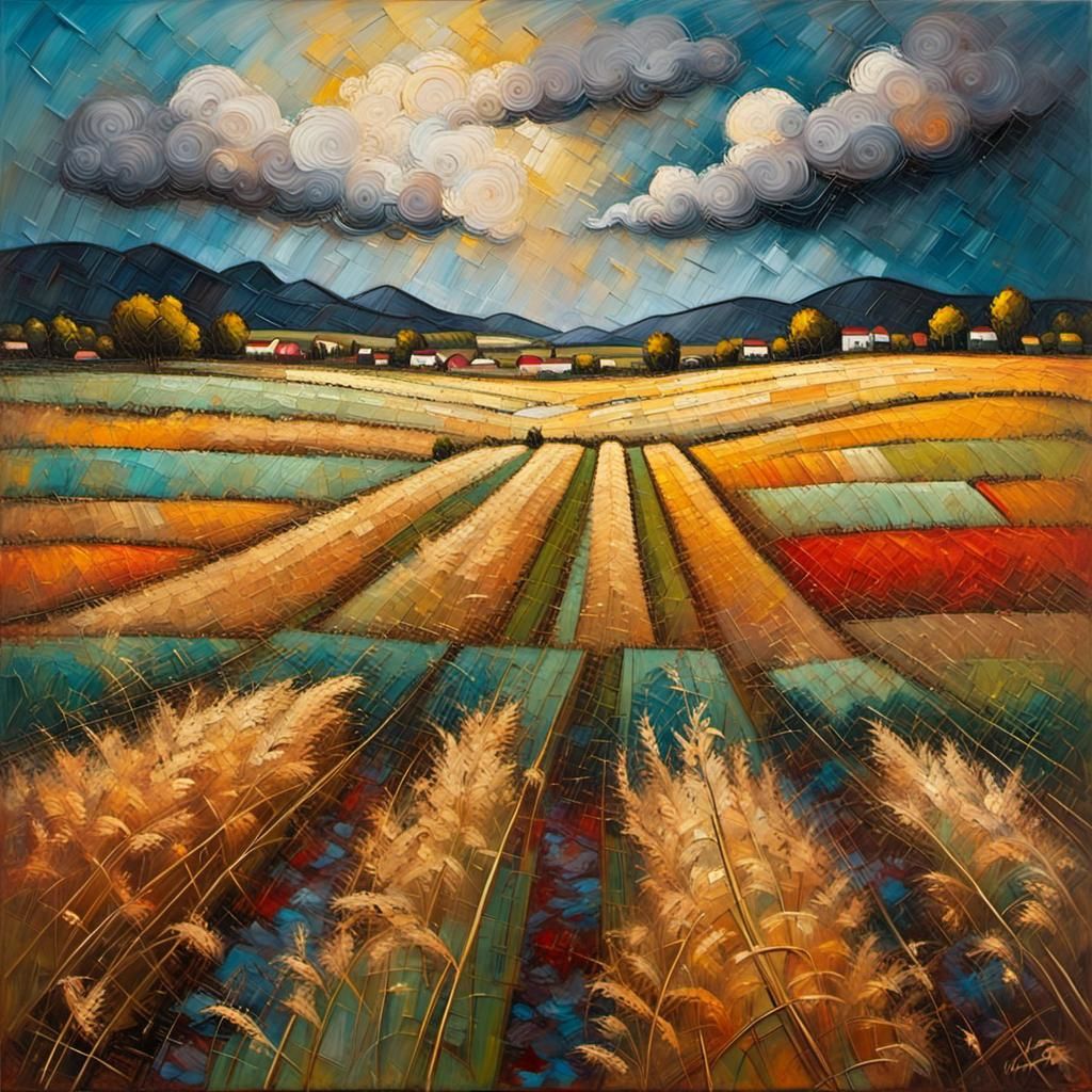 Wheat Fields in Thunderstorm, Impasto Encaustic Painting