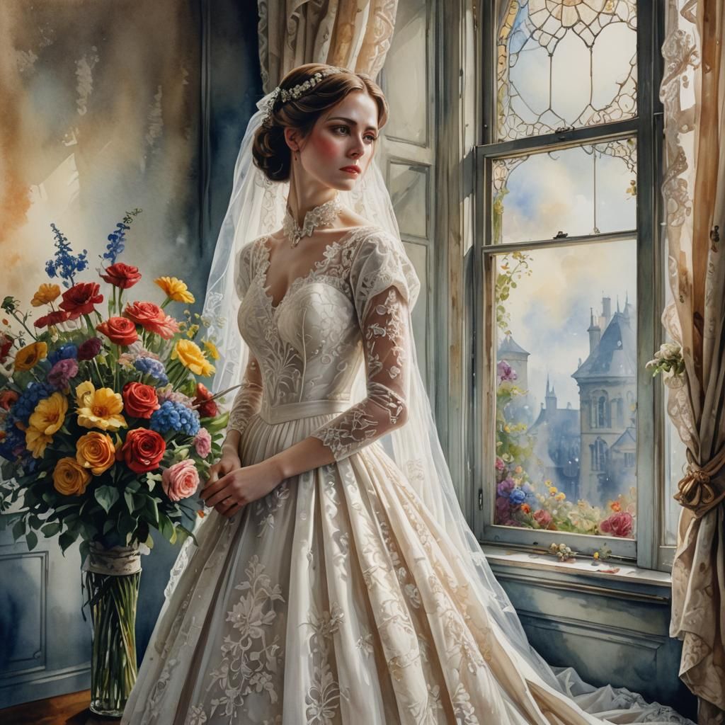 Sad Bride in Victorian Dress: Watercolour Painting