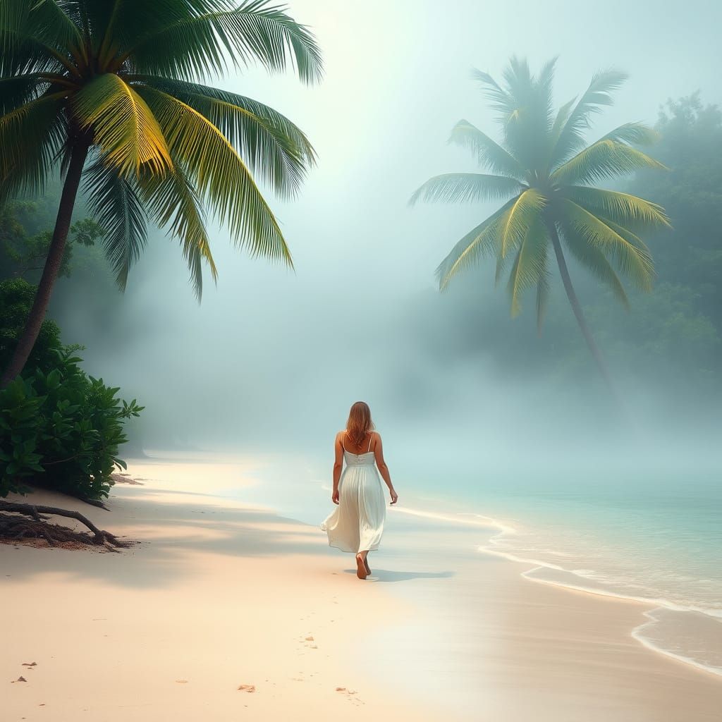 Woman Walking on Tropical Beach in Soft Mist
