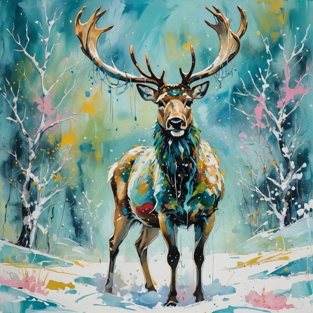 Reindeer in Snow: Abstract Art with Complementary Colors
