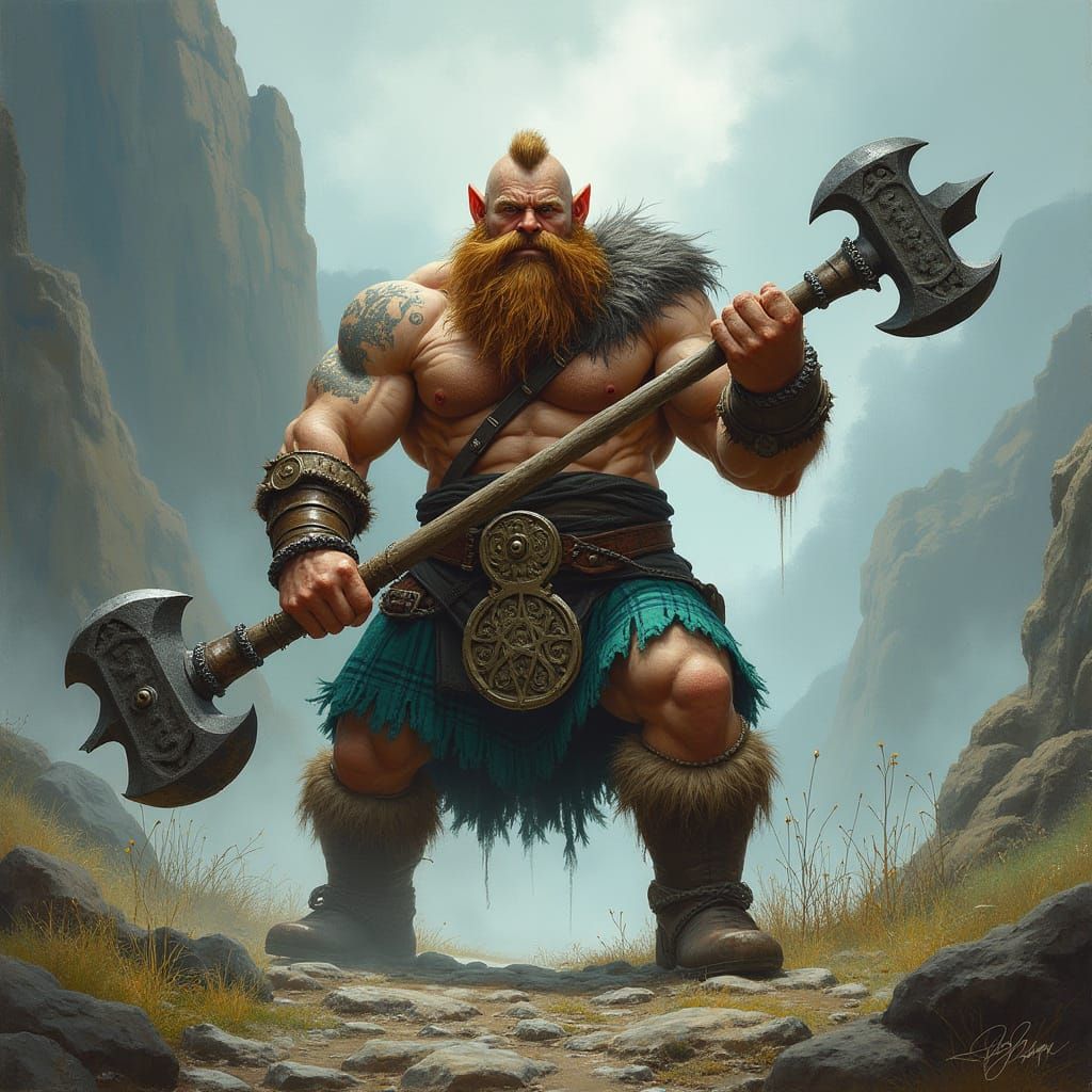 Heroic Dwarf Barbarian in Tartan Kilt with Massive War Hamme...