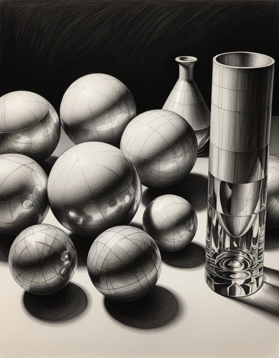 Realistic Geometric Still Life Drawing in Graphite Style