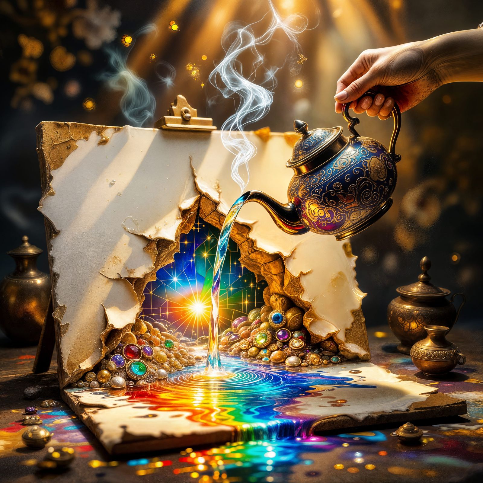 Surreal Teapot Pours Stained Glass Treasure onto Canvas
