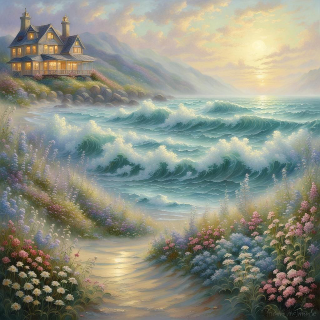 Art Nouveau Waves with Sea Plants and Flowers