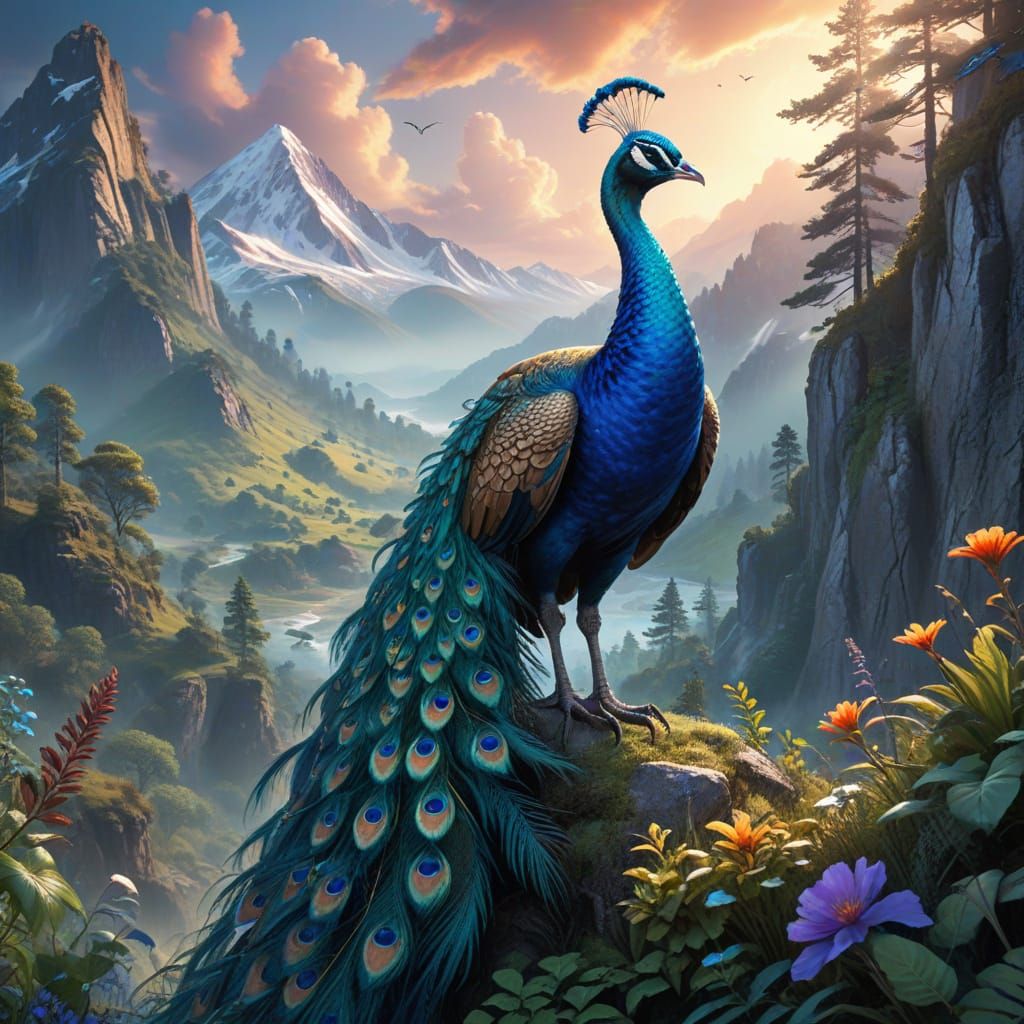 Majestic Peacock Reigns Over a Fantastical Mountain Realm