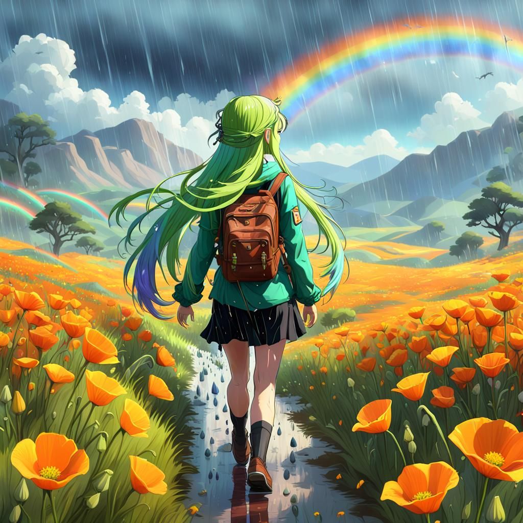 Anime Girl Hiking Through Poppies in the Rain