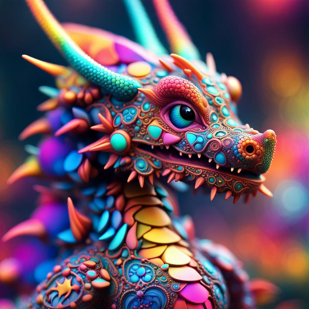 Psychedelic Chibi Dragon Mandala in Ultra-Detailed Photograp...