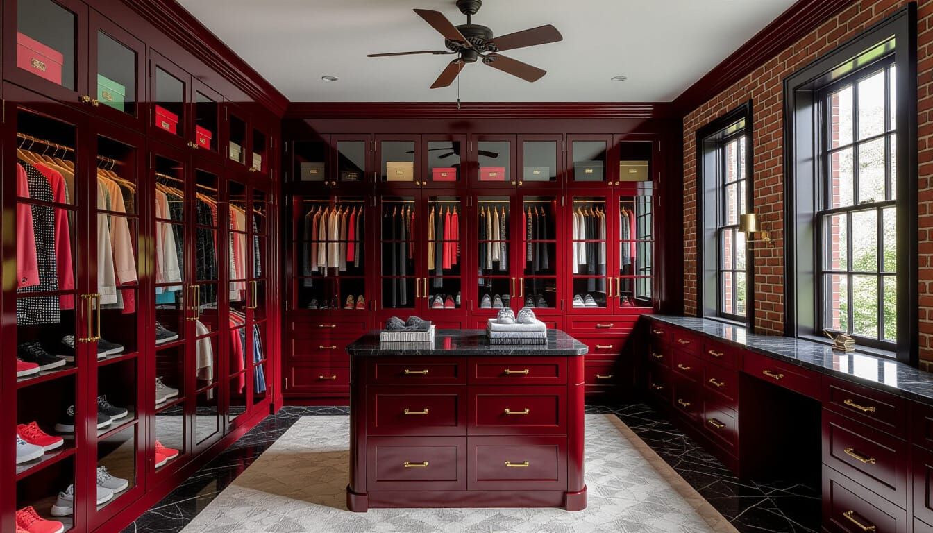 Victorian Walk-In Closet with Red Glass Cabinets