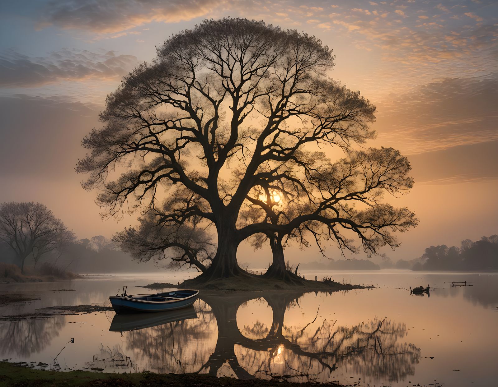 Ethereal Golden Oak Tree Landscape at Dusk
