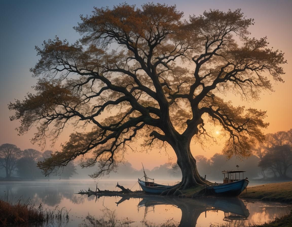 Golden Oak Tree Beside Lagoon in Turner Style