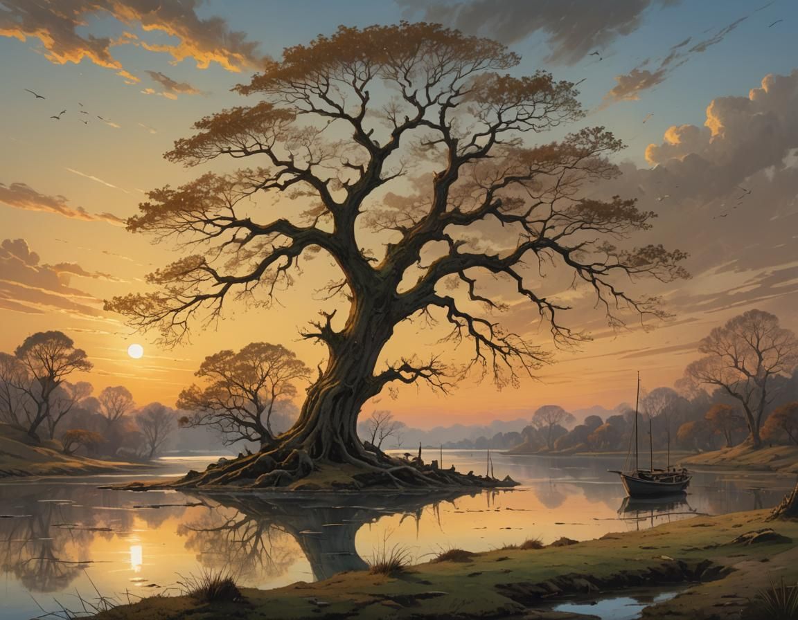 Golden Oak Tree Sunset Landscape in Romantic Style