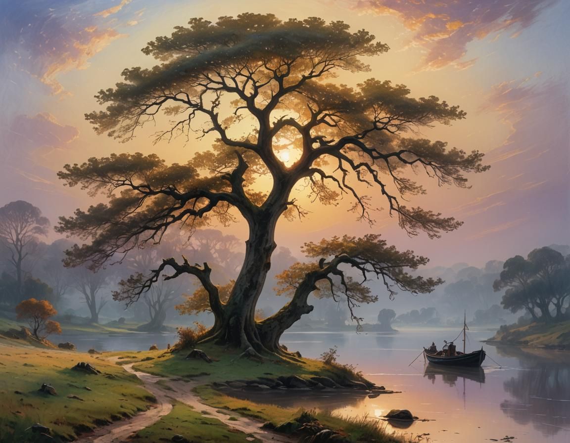 Golden Oak Tree by Lagoon at Sunset: Turner Style