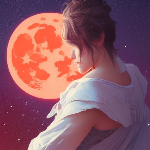 Red Moon in Starry Sky: Hyperdetailed Concept Art