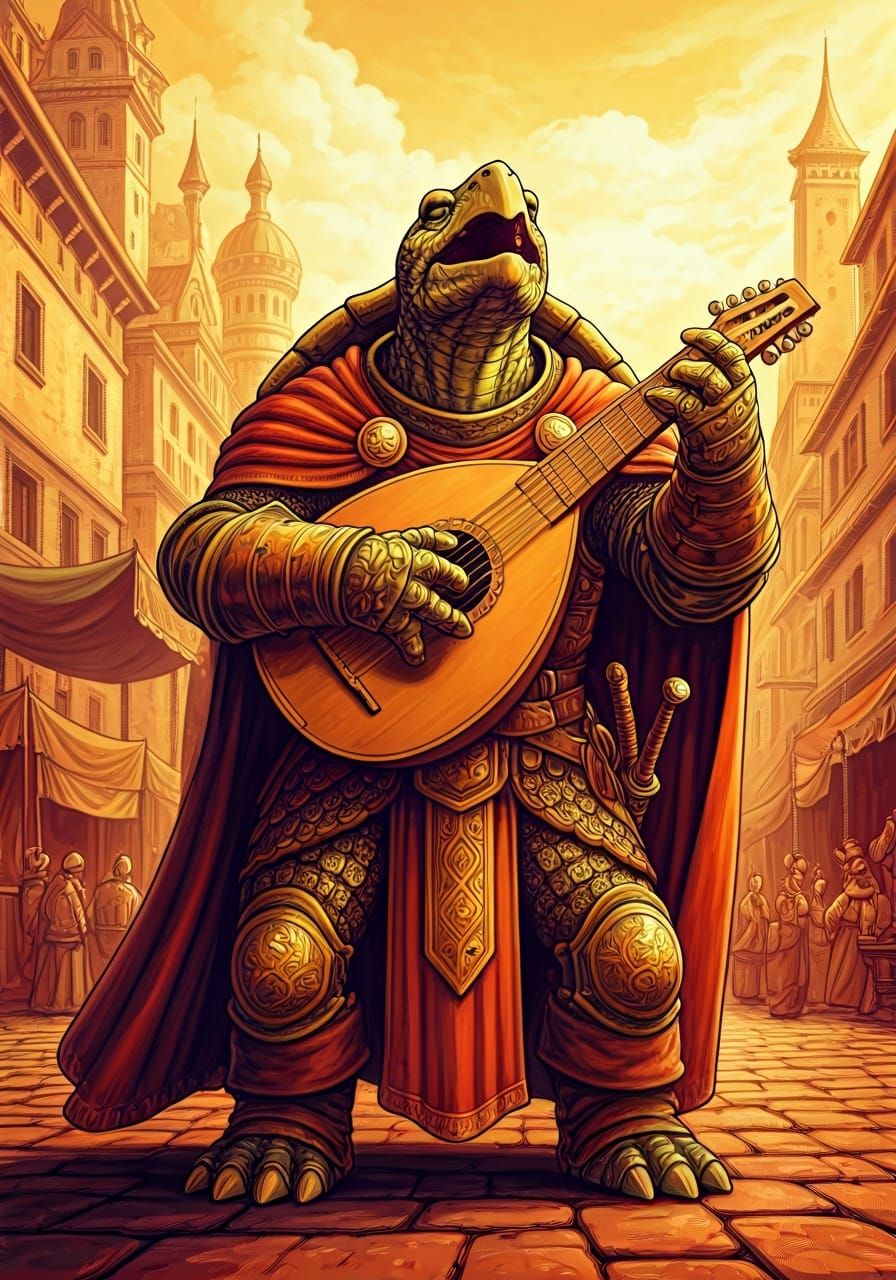Tortle Bard Singing Passionately in Fantasy City