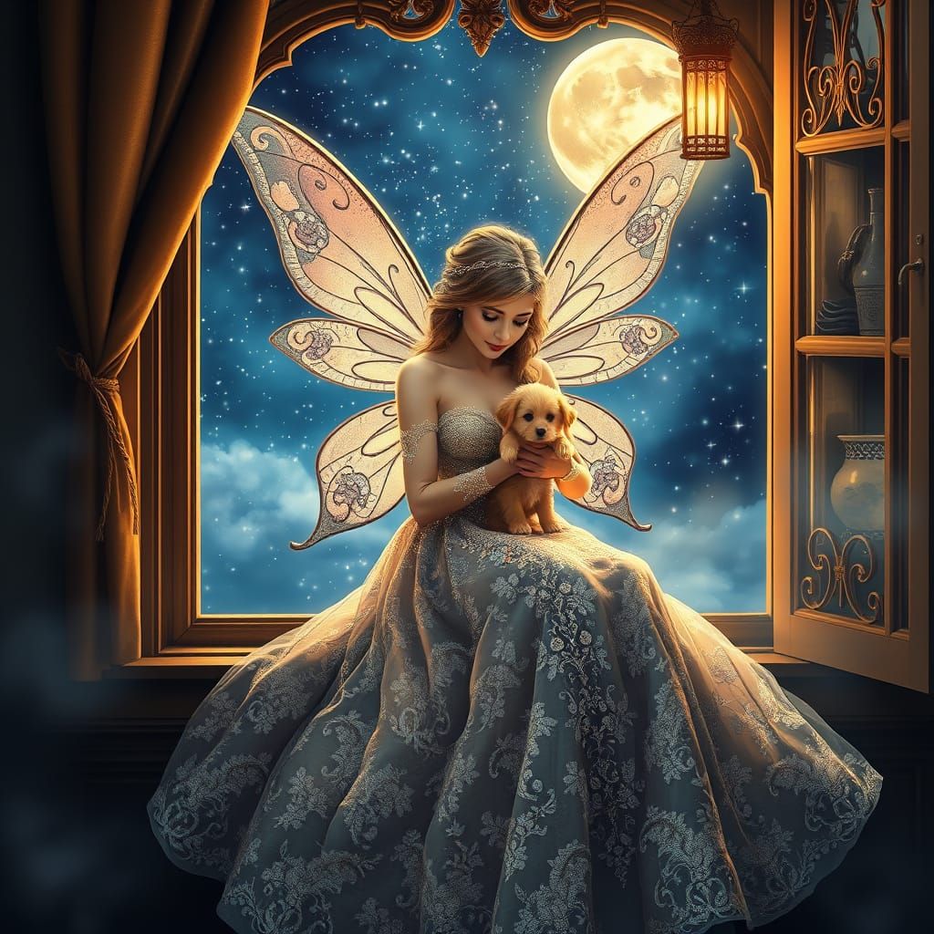 beautiful fairy in a gorgeous glitter dress sitting on a win...