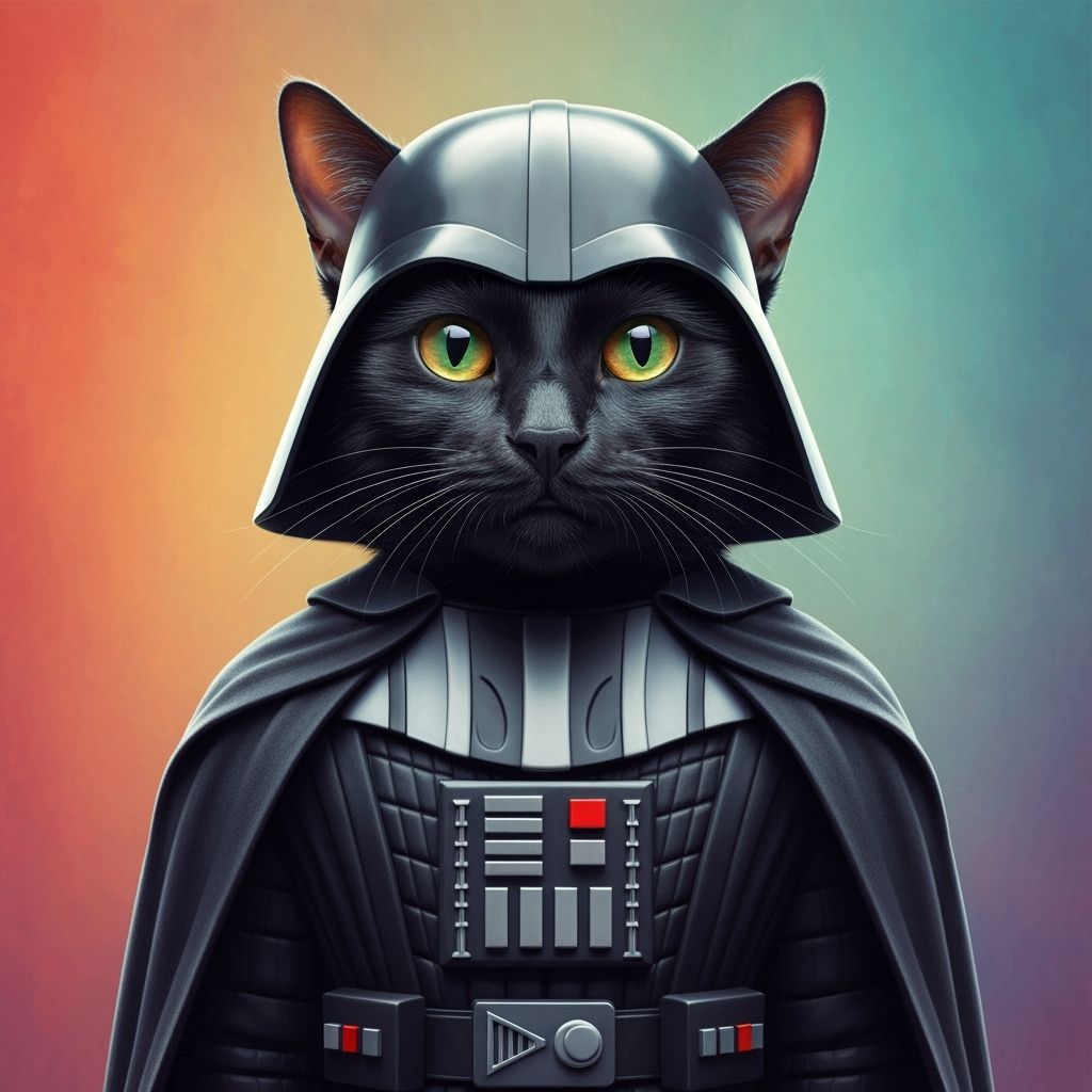 Black Cat in Darth Vader Costume, Hyperrealistic Art